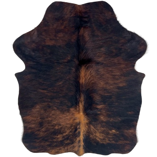 XS Black and Reddish Brown Brindle Cowhide: black with reddish brown, brindle markings, and longer hair down the spine - 4'5" x 3'6" (XS750)