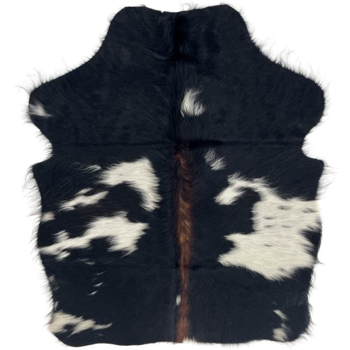XS black and white cowhide rug with long hair, 4'4" x 3'6" (XS752)