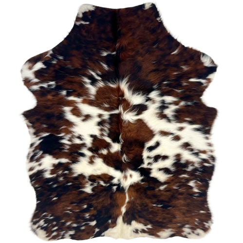 XS Tricolor Cowhide: has long hair with a brown and black, brindle pattern, and small and large, white spots - 4'4" x 3'5" (XS757)