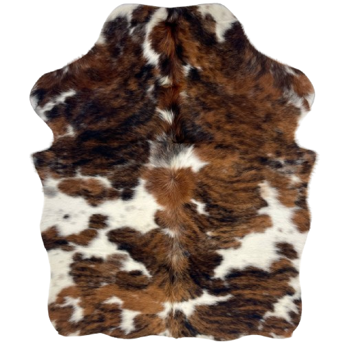 XS Tricolor Cowhide: has a brown and black, brindle pattern, white spots, and longer hair down the spine - 4'4" x 3'6" (XS758)