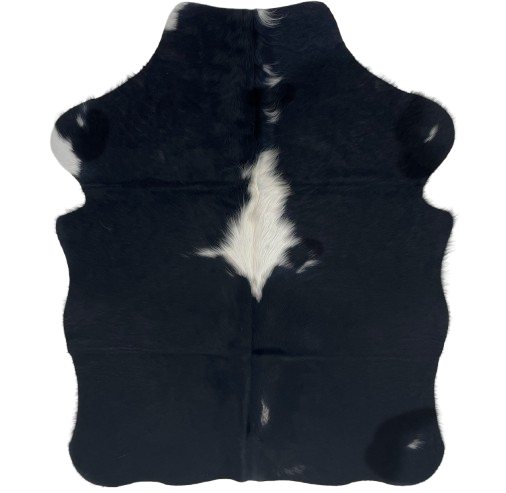 XS Black and White Cowhide: black with a few small, white spots, and on large, white spots with longer hair - 4'4" x 3'5" (XS760)