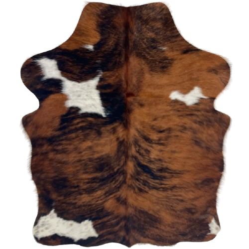 XS Tricolor Cowhide: has a reddish brown and black, brindle pattern, and a few white spots with black speckles - 4'4" x 3'7" (XS761)