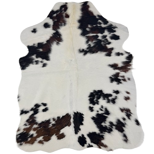 XS Tricolor Cowhide: white and off-white with spots that have a mix of dark brown and black, and longer hair down the middle of the shoulder - 4'5" x 3'4"  (XS764)