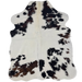 XS Tricolor Cowhide: white and off-white with spots that have a mix of dark brown and black, and longer hair down the middle of the shoulder - 4'5" x 3'4"  (XS764)
