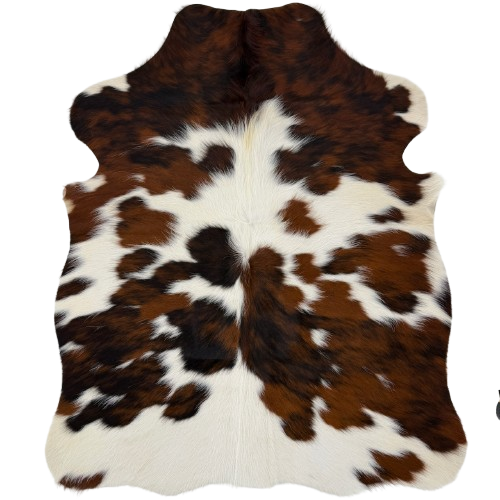 XS Tricolor Cowhide: has long hair that is white with large and small spots that have a mix of black and brown, and off-white on part of the spine - 4'5" x 3'4" (XS766)