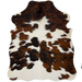 XS Tricolor Cowhide: has long hair that is white with large and small spots that have a mix of black and brown, and off-white on part of the spine - 4'5" x 3'4" (XS766)