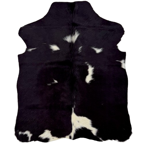 XS Black and White Cowhide: has long hair that is black with white spots - 4'4" x 3'5"  (XS769)