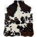 XS Tricolor Cowhide:  white with large and small spots that have a mix of black and brown, and longer off-white hair down the spine - 4'4" x 3'4"  (XS774)