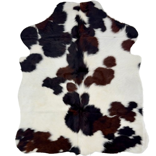 XS Tricolor Cowhide: has long hair that is white with black and dark brown spots - 4'4" x 3'6" (XS778)