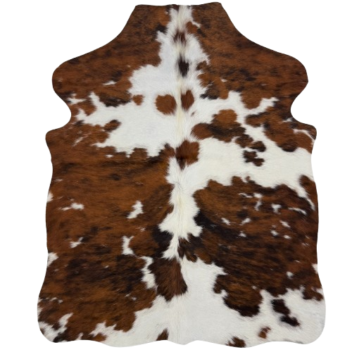 XS Tricolor Cowhide: white, brown, and black, and off-white longer hair down the spine - 4'4" x 3'5"  (XS779)