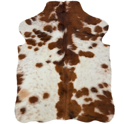 XS Ivory and Red Brown Cowhide: has long hair that is ivory with faint, red brown speckles, and large and small spots - 4'4" x 3'3" (XS785)