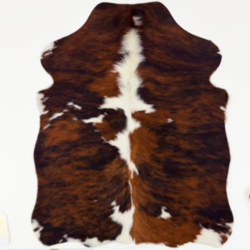XS Tricolor Cowhide:  has a reddish brown and black brindle pattern, a few small white spots, and long white hair down the spine  - 4'4" x 3'5"  (XS789)