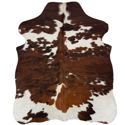 XS Tricolor Cowhide: has large and small spots with a reddish brown and black brindle pattern, and white spots with faint speckles - 4'3" x 3'5" (XS790)