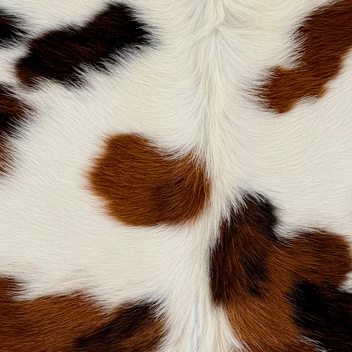 Closeup of this XS Tricolor Cowhide, showing long hair that is white with black and brown spots (XS791)