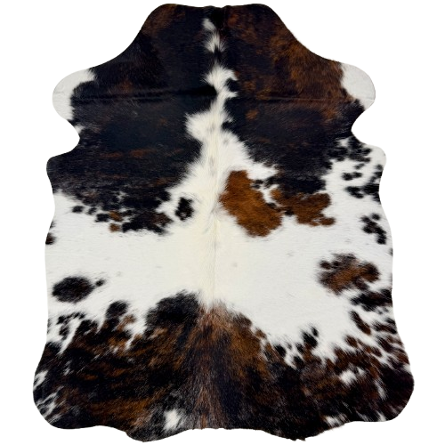 XS Tricolor Cowhide: white with large and small spots that have a mix of black and brown - 4'5" x 3'6"  (XS792)
