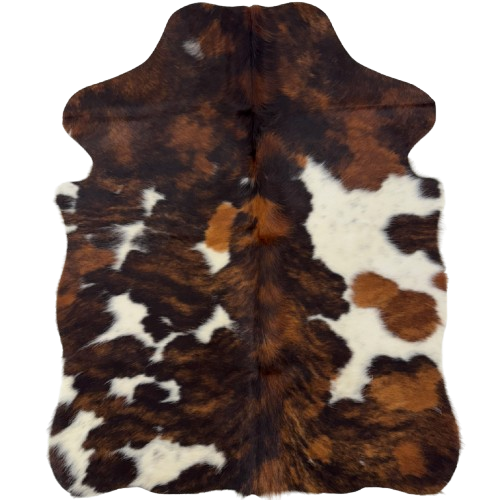 XS Tricolor Cowhide:  has large and small spots with a black and brown, brindle pattern, and large and small white spots with black speckles - 4'3" x 3'5"  (XS794)