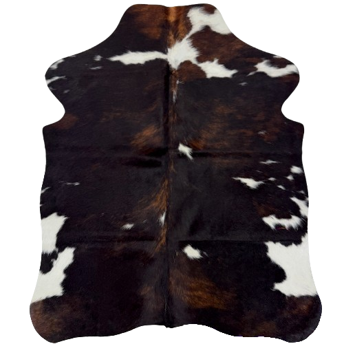 XS Tricolor Cowhide: has a mix of black and brown, and a few white spots - 4'3" x 3'5" (XS795)