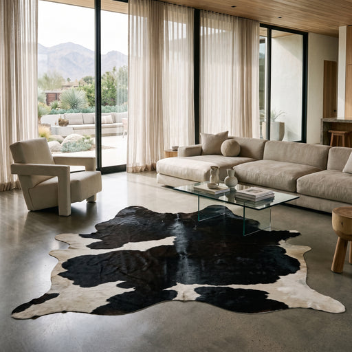 XXL black and white Brazilian cowhide rug styled in a modern, sunlit living room with neutral furniture and decor.