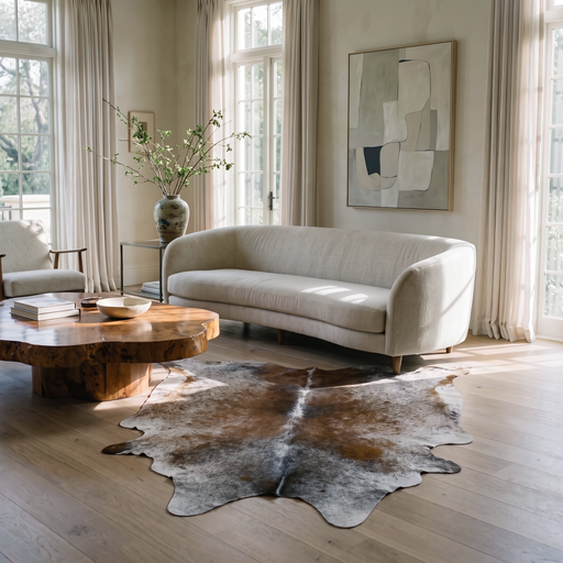 Brown salt and pepper cowhide rug styled on a light wood floor in a bright living room, beside a curved cream sofa and a wood coffee table