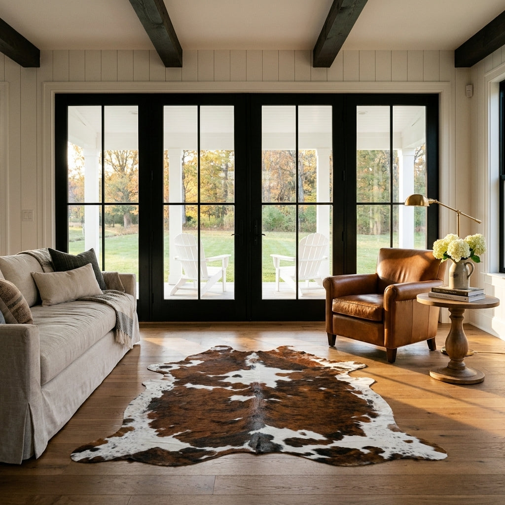 Tricolor cowhide rug CH-021 in a modern farmhouse living room with shiplap walls, black French doors to a porch, linen sofa and leather armchair