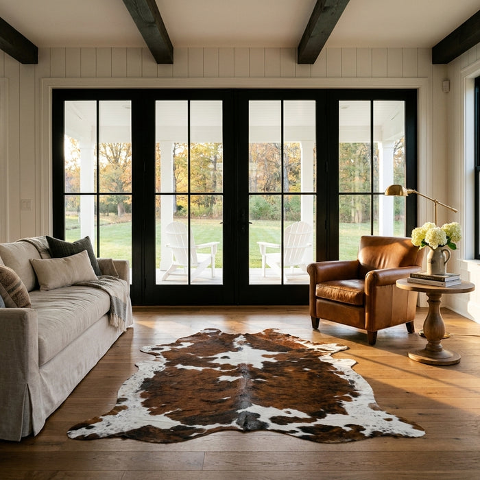 Tricolor cowhide rug CH-021 in a modern farmhouse living room with shiplap walls, black French doors to a porch, linen sofa and leather armchair