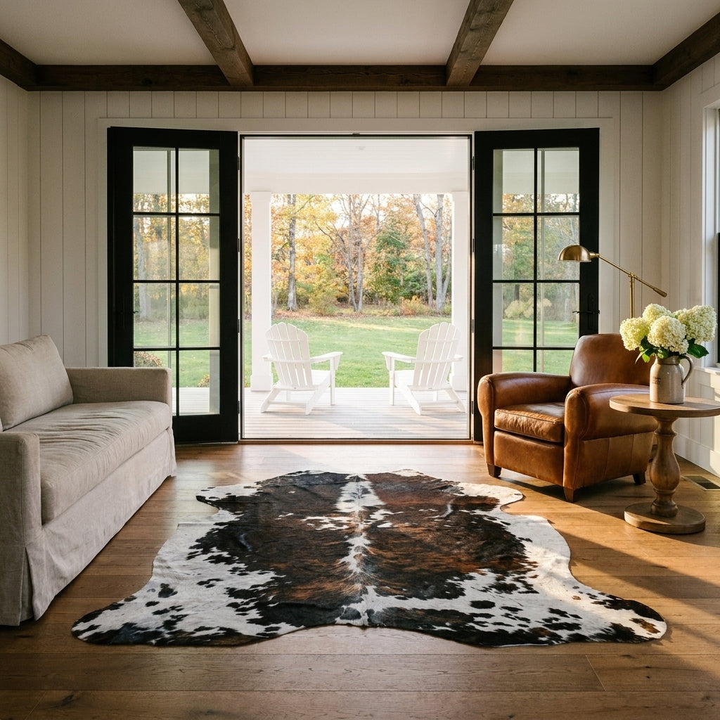 Tricolor cowhide rug CH-012 in a modern farmhouse living room with shiplap walls, black French doors to a porch, linen sofa and leather armchair