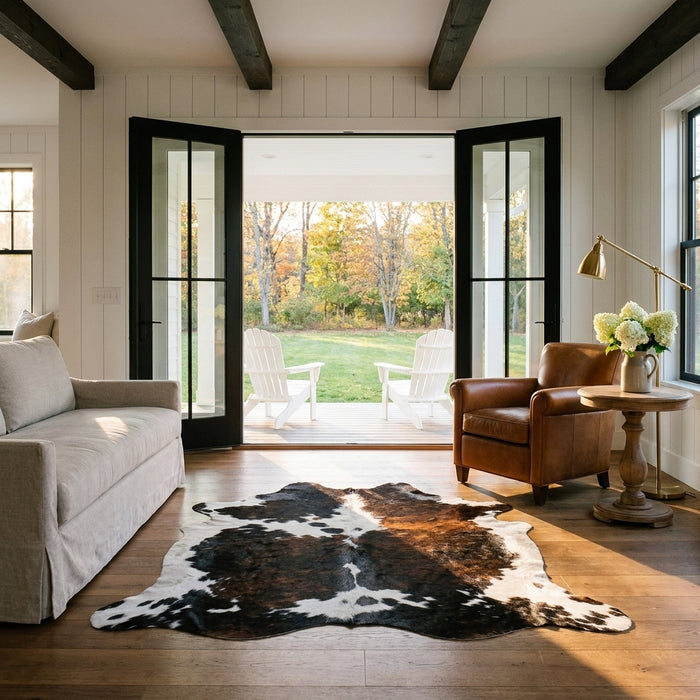 Tricolor cowhide rug CH-072 in a modern farmhouse living room with shiplap walls, black French doors to a porch, linen sofa and leather armchair
