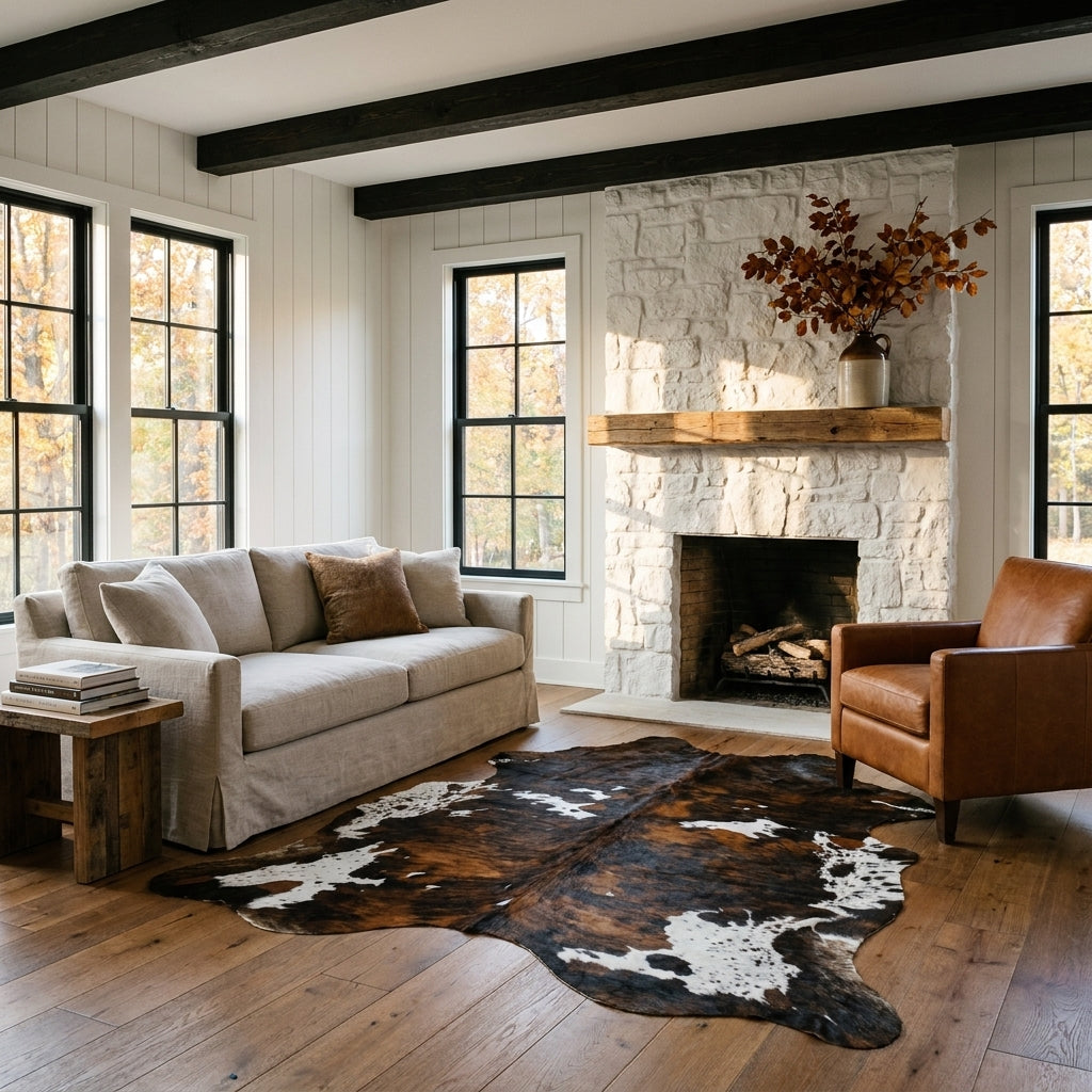 Tricolor cowhide rug CH-033 in a modern farmhouse living room by a whitewashed stone fireplace, with a linen sofa and leather armchair