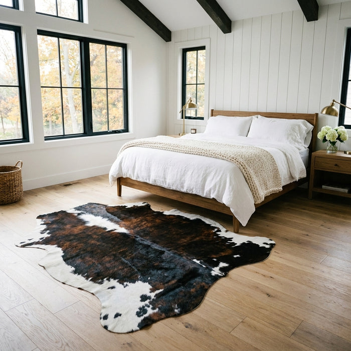 Tricolor cowhide rug CH-043 at the foot of a bed in a bright modern farmhouse bedroom with shiplap walls and white linen bedding