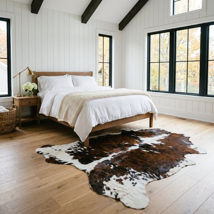 Tricolor cowhide rug CH-056 at the foot of a bed in a bright modern farmhouse bedroom with shiplap walls and white linen bedding