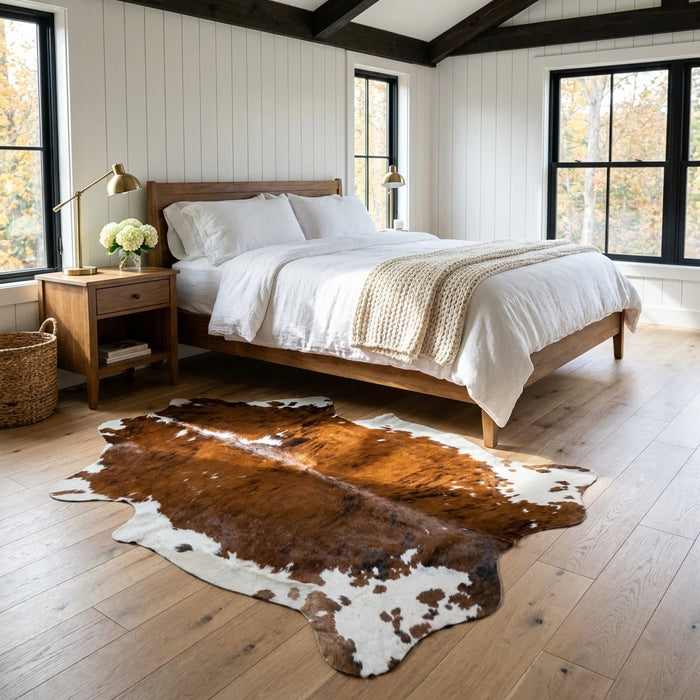 Tricolor cowhide rug CH-041 at the foot of a bed in a bright modern farmhouse bedroom with shiplap walls and white linen bedding