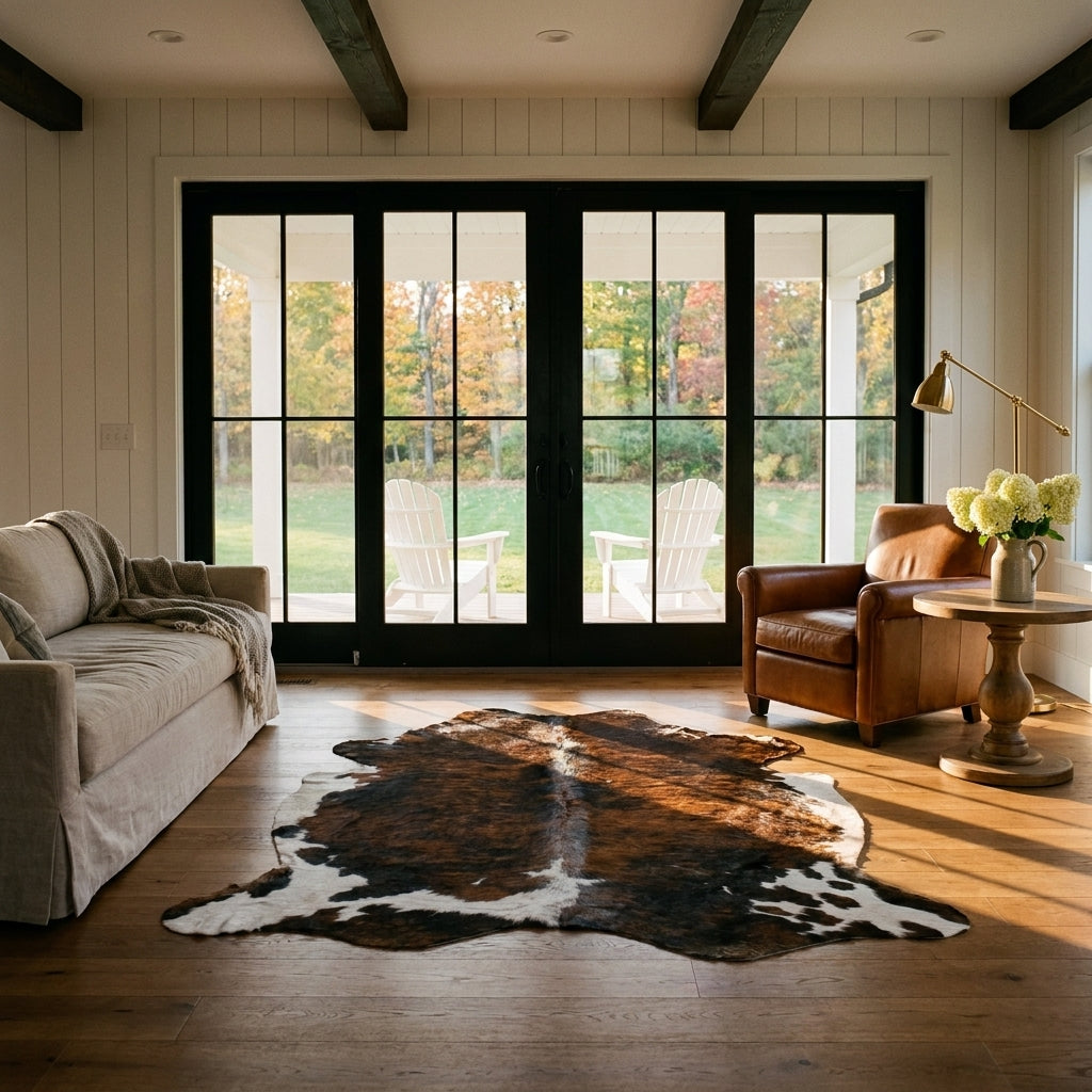 Tricolor cowhide rug CH-084 in a modern farmhouse living room with shiplap walls, black French doors to a porch, linen sofa and leather armchair