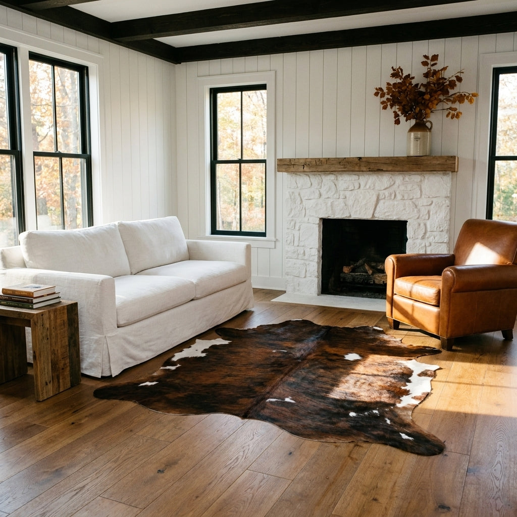 Tricolor cowhide rug CH-090 in a modern farmhouse living room by a whitewashed stone fireplace, with a linen sofa and leather armchair