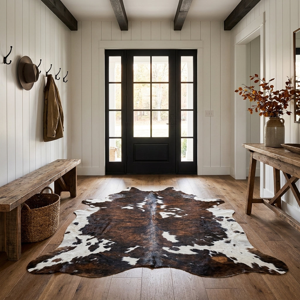 Tricolor cowhide rug CH-085 in a modern farmhouse entry hall with shiplap walls, a black front door, wooden bench and coat hooks