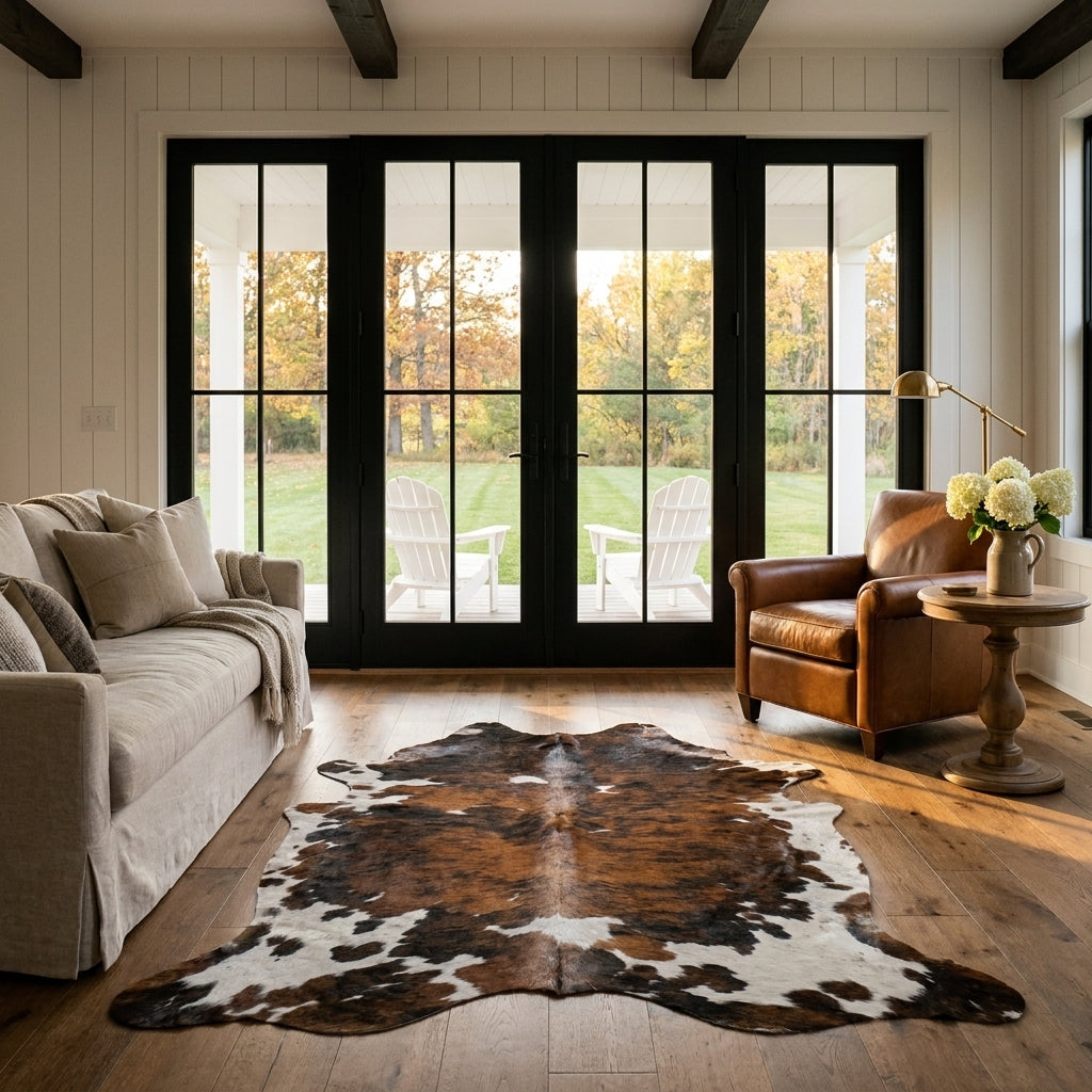 Tricolor cowhide rug CH-092 in a modern farmhouse living room with shiplap walls, black French doors to a porch, linen sofa and leather armchair