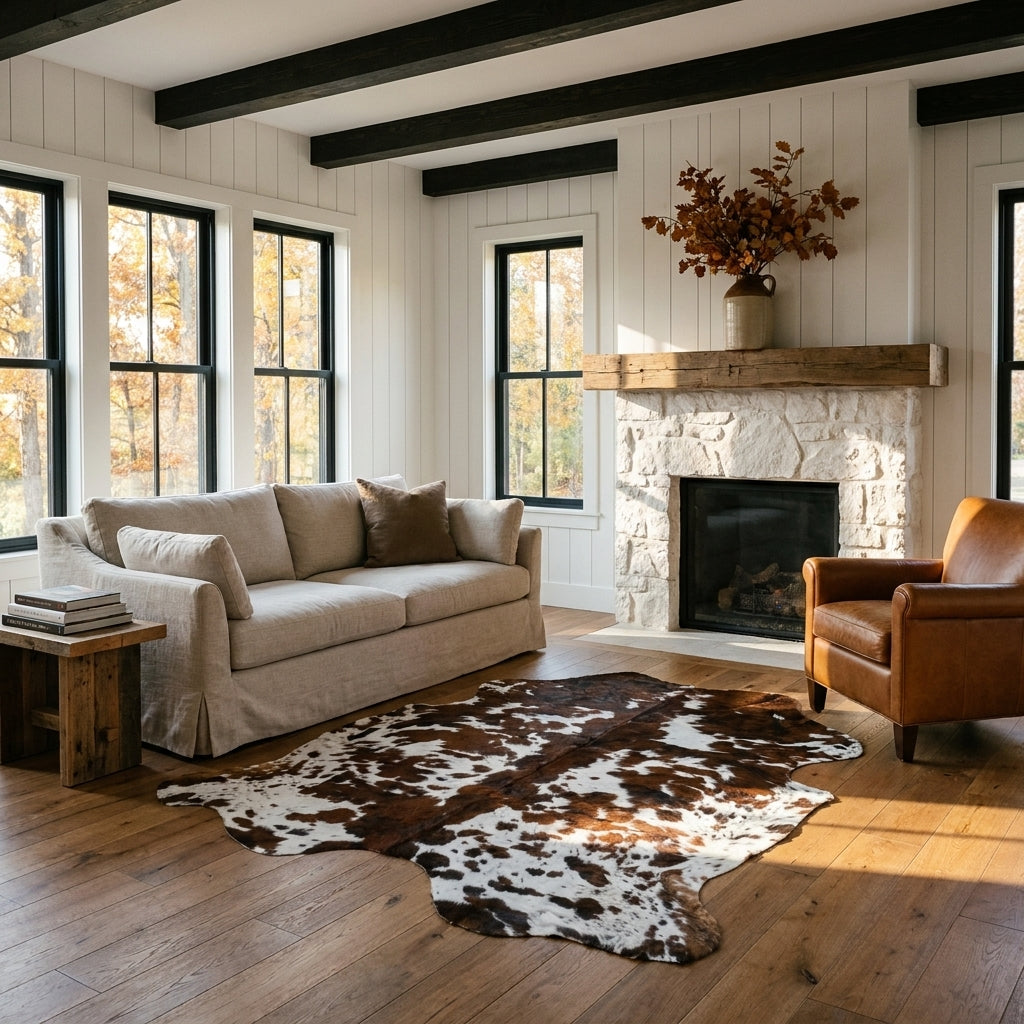 Tricolor cowhide rug CH-030 in a modern farmhouse living room by a whitewashed stone fireplace, with a linen sofa and leather armchair
