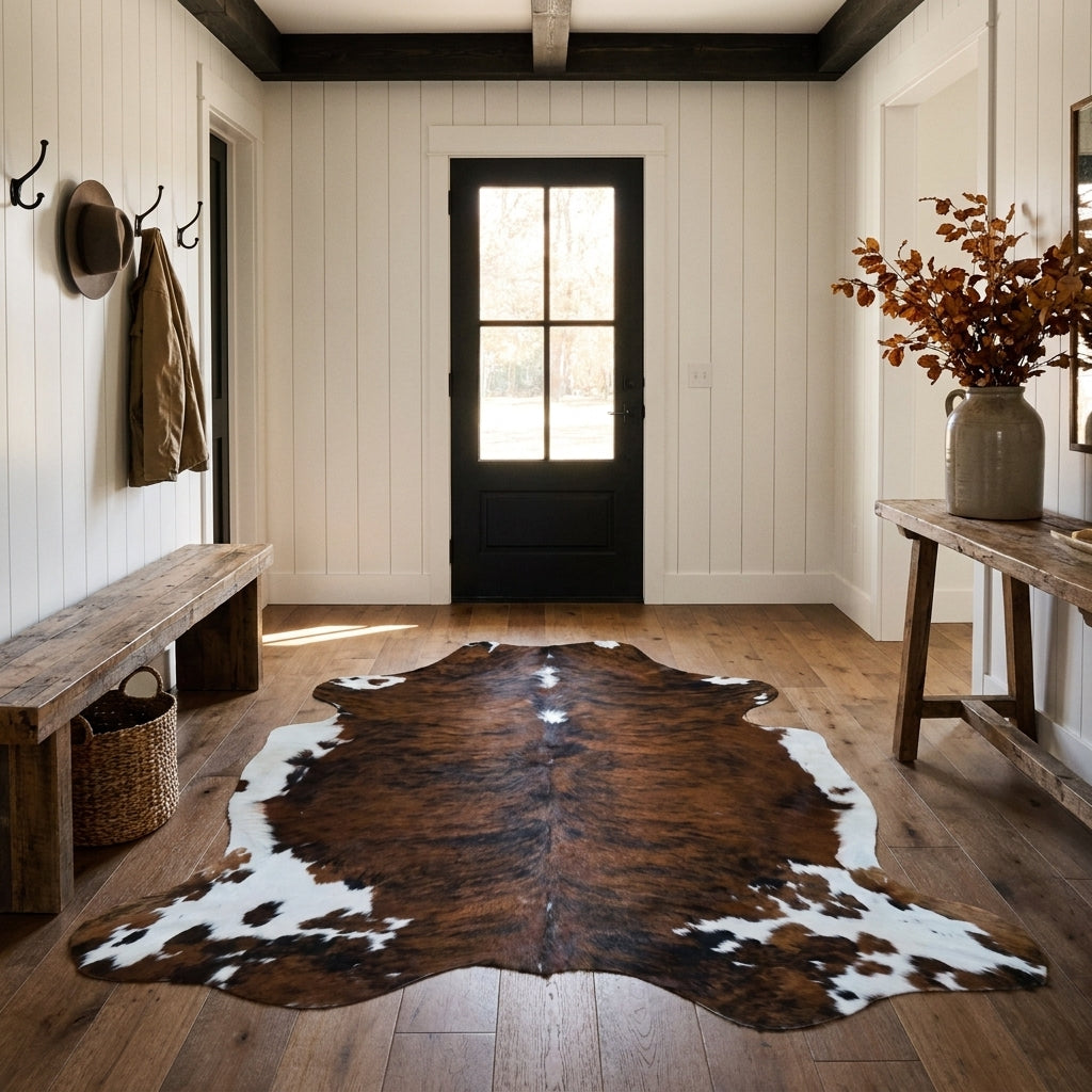 Tricolor cowhide rug CH-068 in a modern farmhouse entry hall with shiplap walls, a black front door, wooden bench and coat hooks