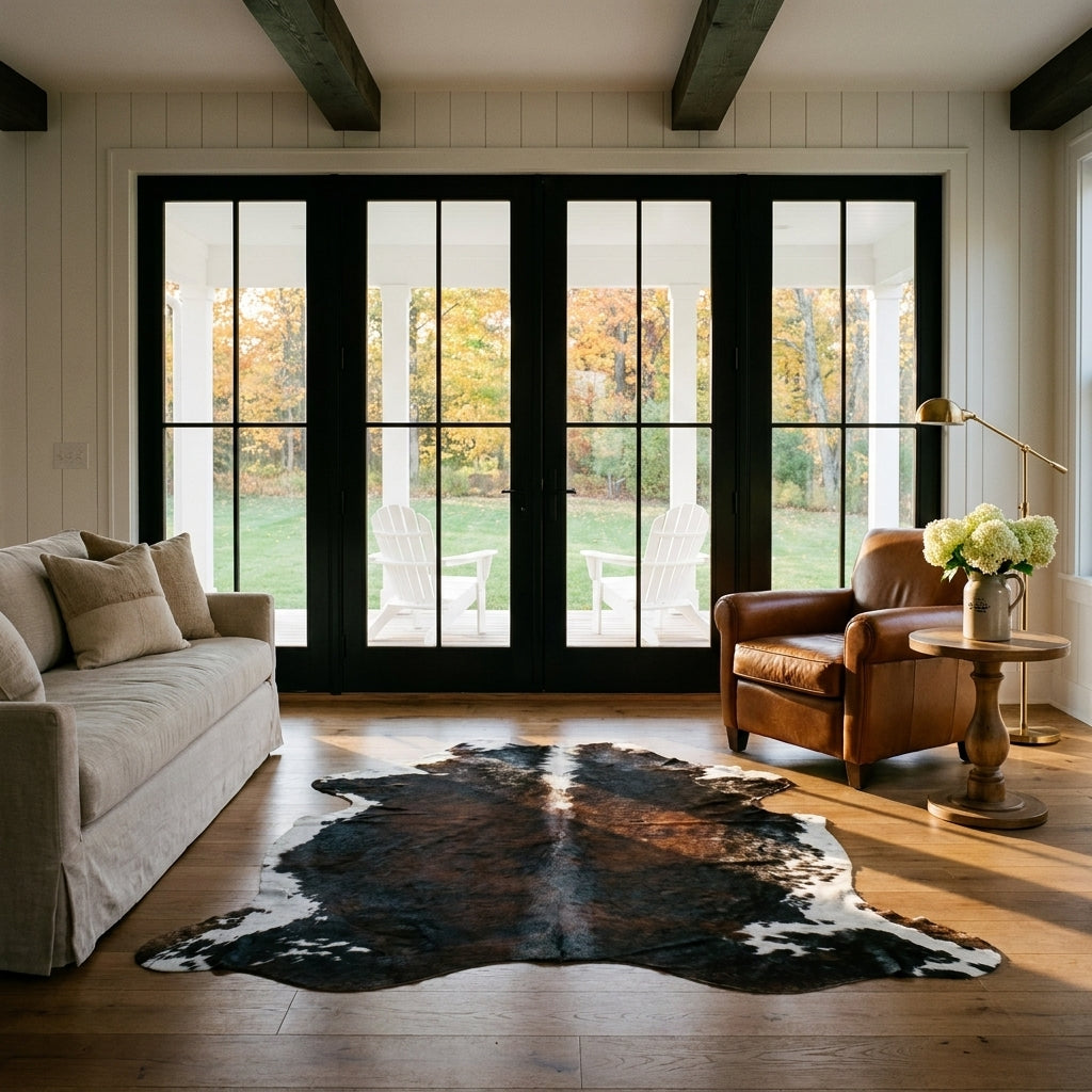 Tricolor cowhide rug CH-070 in a modern farmhouse living room with shiplap walls, black French doors to a porch, linen sofa and leather armchair