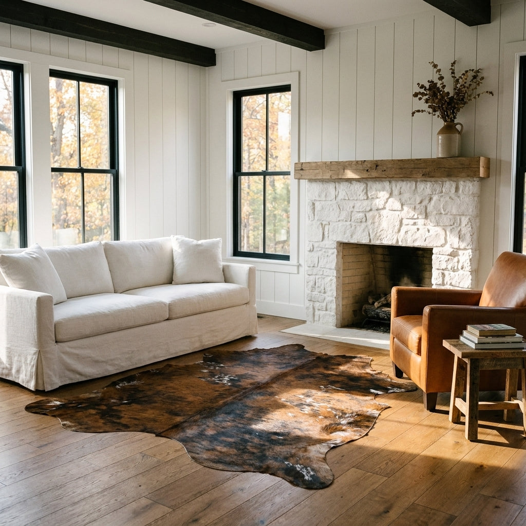 Tricolor cowhide rug CH-006 in a modern farmhouse living room by a whitewashed stone fireplace, with a linen sofa and leather armchair