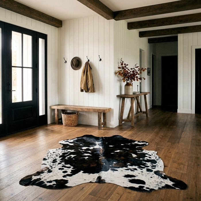 Tricolor cowhide rug CH-008 in a modern farmhouse entry hall with shiplap walls, a black front door, wooden bench and coat hooks