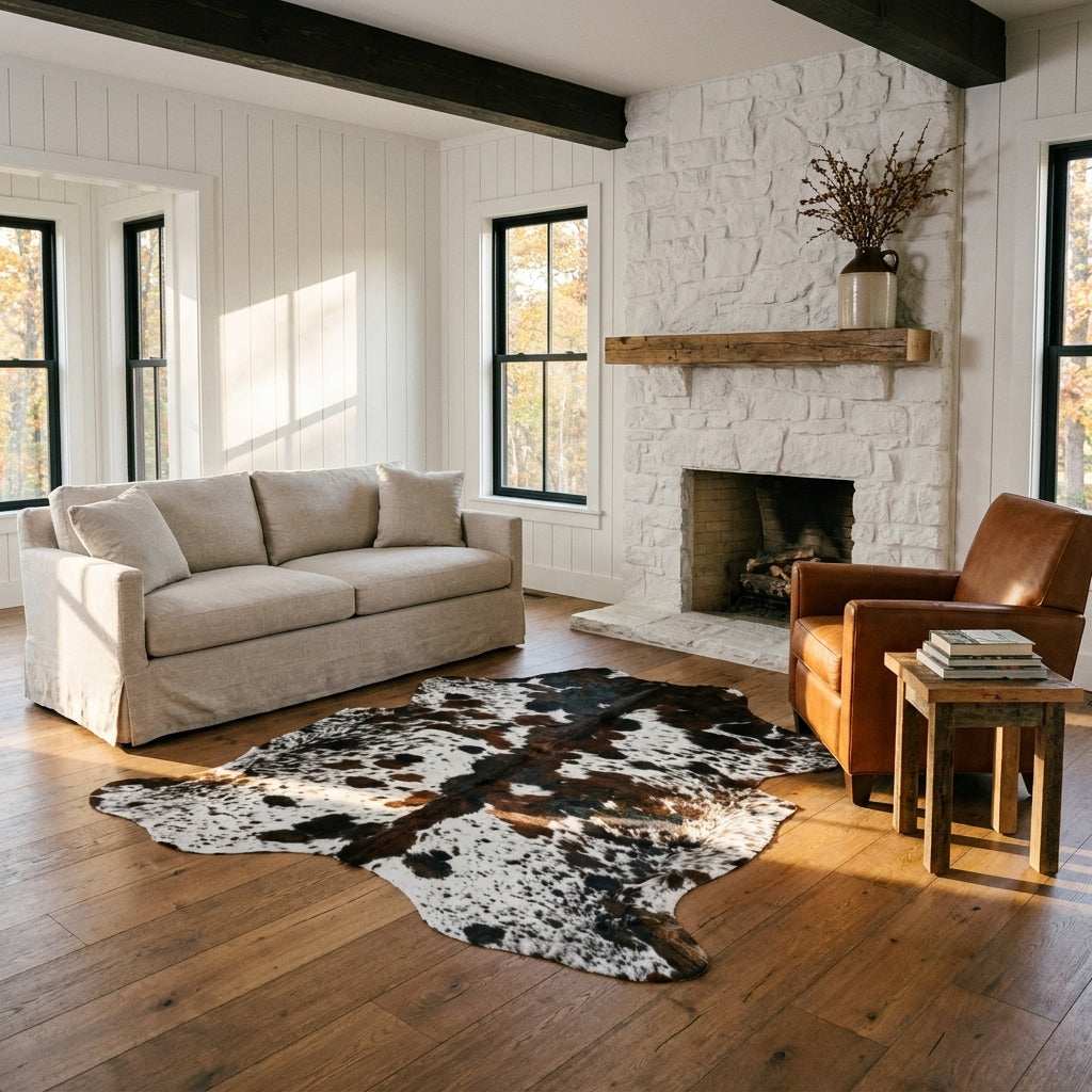 Tricolor cowhide rug CH-016 in a modern farmhouse living room by a whitewashed stone fireplace, with a linen sofa and leather armchair