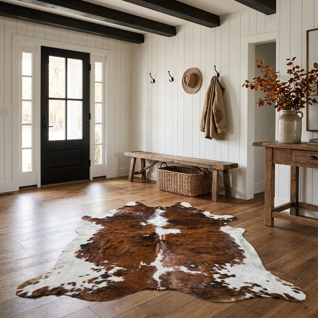 Tricolor cowhide rug CH-058 in a modern farmhouse entry hall with shiplap walls, a black front door, wooden bench and coat hooks