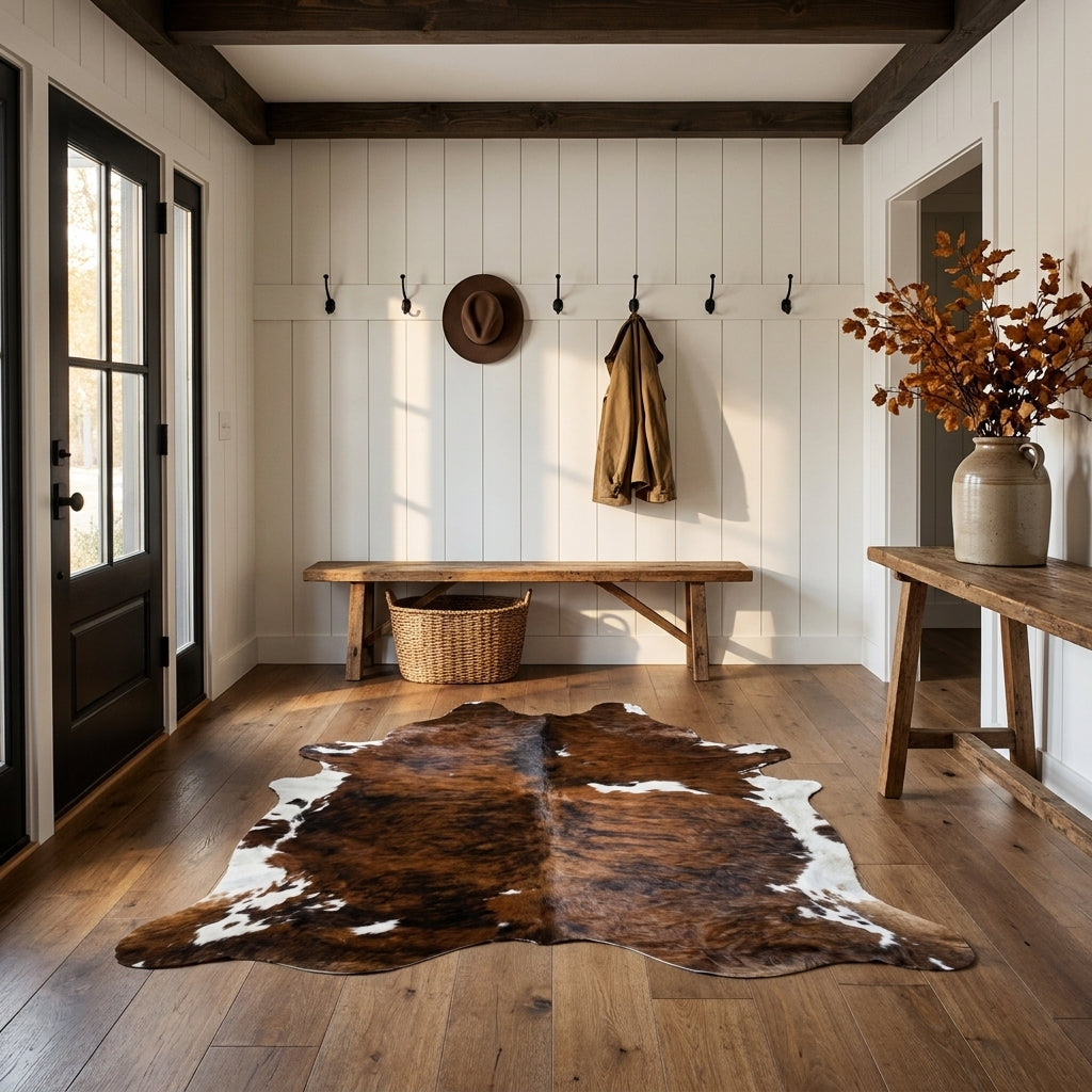 Tricolor cowhide rug CH-060 in a modern farmhouse entry hall with shiplap walls, a black front door, wooden bench and coat hooks