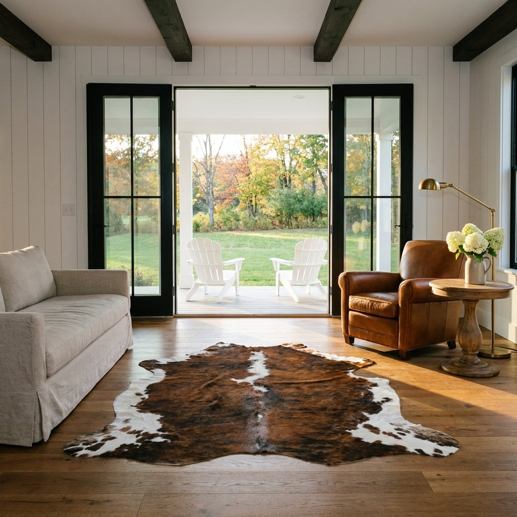Tricolor cowhide rug CH-061 in a modern farmhouse living room with shiplap walls, black French doors to a porch, linen sofa and leather armchair