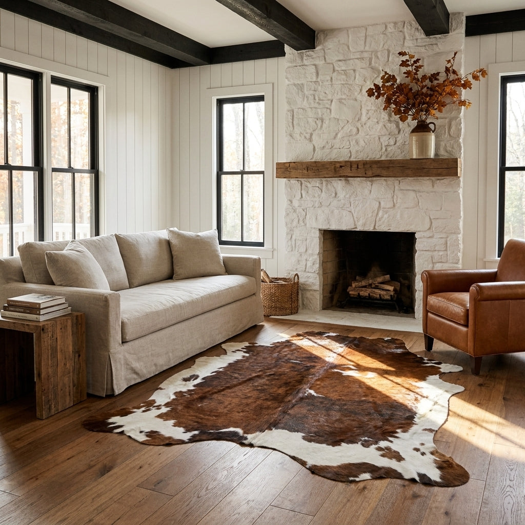 Tricolor cowhide rug CH-077 in a modern farmhouse living room by a whitewashed stone fireplace, with a linen sofa and leather armchair