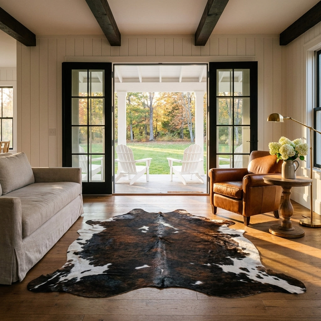 Tricolor cowhide rug CH-095 in a modern farmhouse living room with shiplap walls, black French doors to a porch, linen sofa and leather armchair