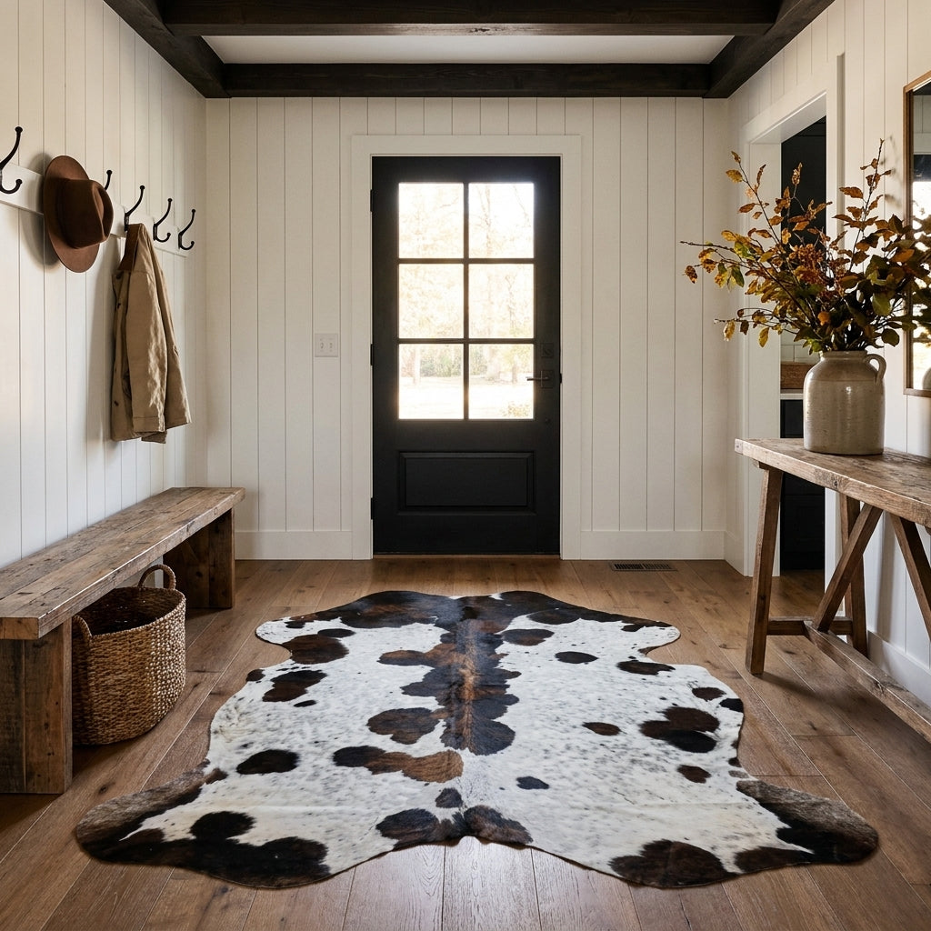 Tricolor cowhide rug CH-024 in a modern farmhouse entry hall with shiplap walls, a black front door, wooden bench and coat hooks