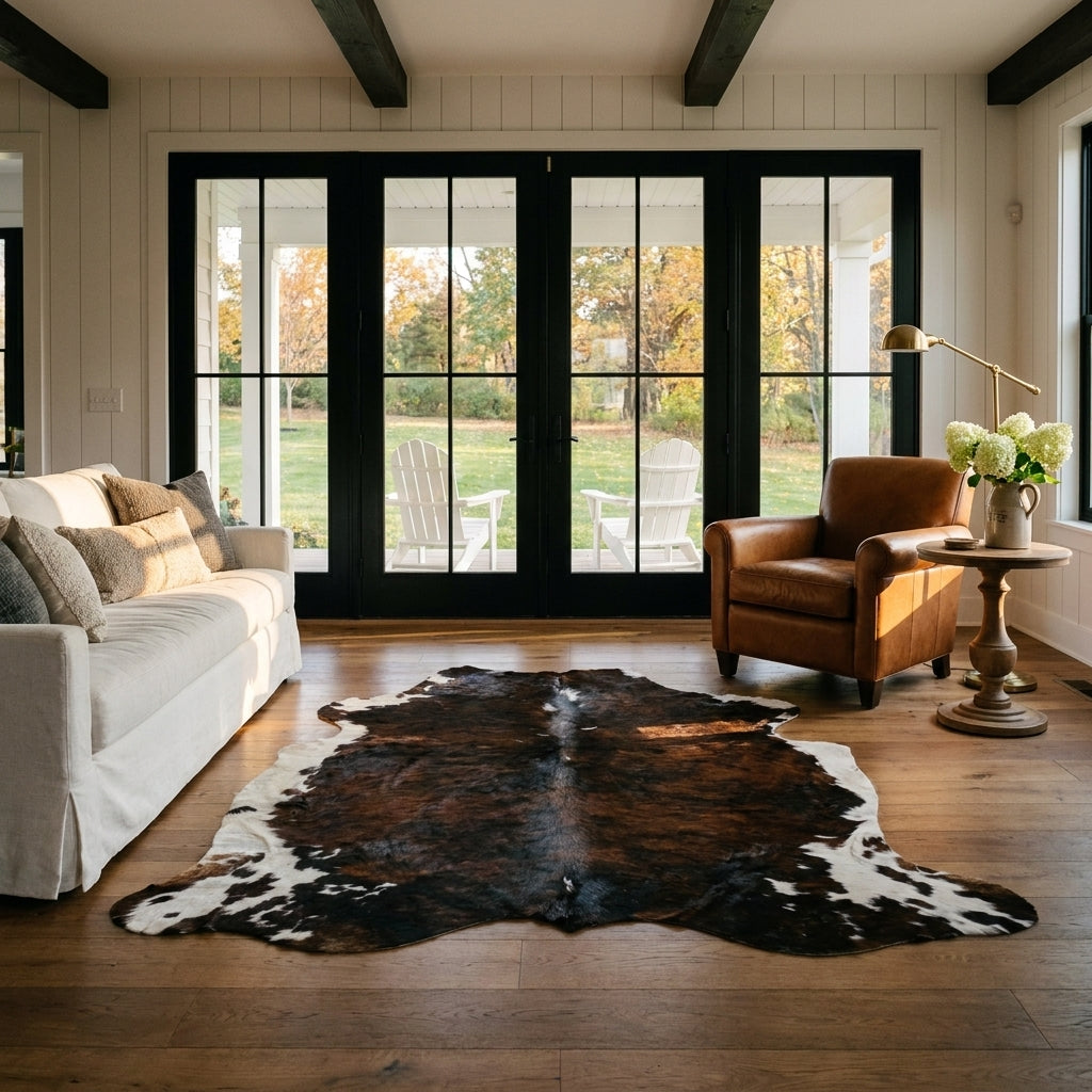 Tricolor cowhide rug CH-053 in a modern farmhouse living room with shiplap walls, black French doors to a porch, linen sofa and leather armchair