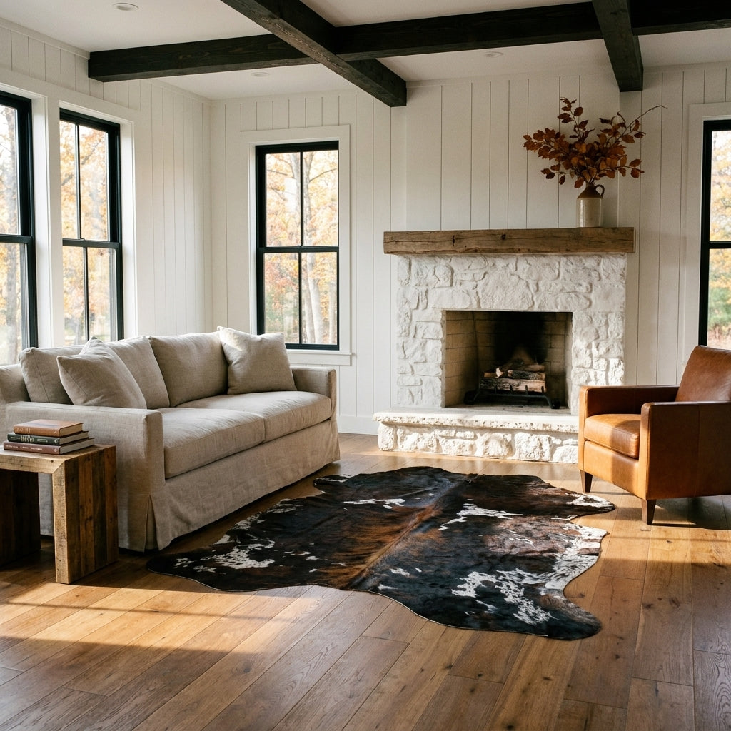 Tricolor cowhide rug CH-014 in a modern farmhouse living room by a whitewashed stone fireplace, with a linen sofa and leather armchair