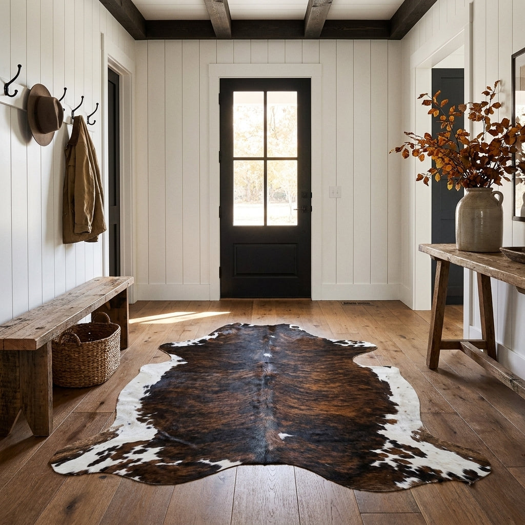 Tricolor cowhide rug CH-098 in a modern farmhouse entry hall with shiplap walls, a black front door, wooden bench and coat hooks